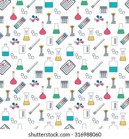 Drawing chemical seamless pattern. Chemical glassware and reagents. Flat design. Vector illustration