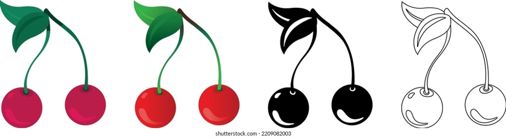 Drawing Cherry Fruit Icon In Flat Style Isolated On White Vector. Wild Cherries With Stems And Leaves Gradient Fill. Red Stone Fruit Lineart Black And White. Sweet Red Cherry Symbol Slots Design