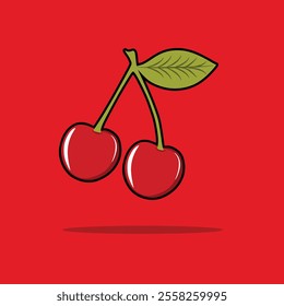 a drawing of cherry with a green leaf with red background or cherry vector illustration cherry PNG