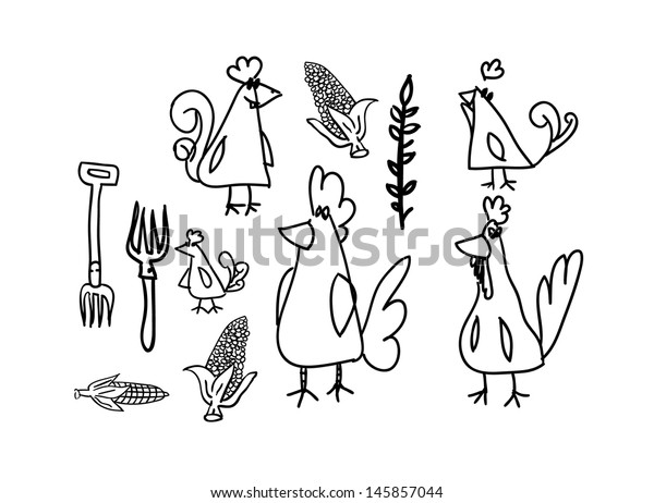 Drawing of\
chickens and hens on linked paper\
sheet