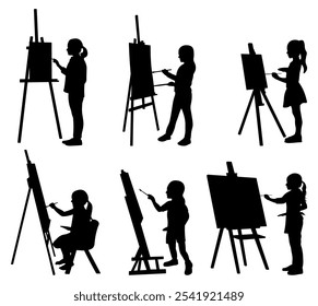 Drawing child artist silhouettes vector illustration set