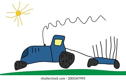 Dibujo de un tractor azul móvil con remolque, dibujado a mano, de niño. Ilustración del vector