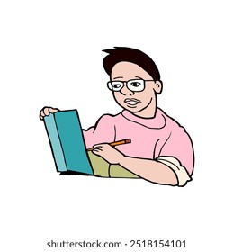 A drawing of a child reading a book with a cartoon character on the bottom.