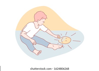 Drawing, childhood, pleasure, imagination, art concept. Happy little boy drawing with delight. Playful, creative, educational art practice in preschool. Chalking ability development simple flat vector