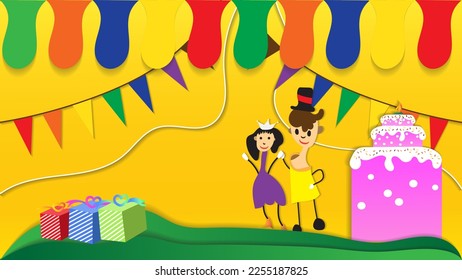 Drawing Children Birthday Party With Gradient Yellow Background