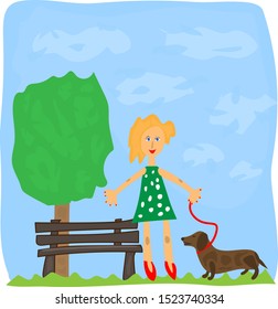 Drawing for children girl with a dog in the park.