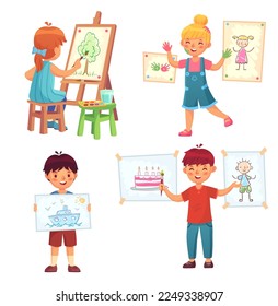 Drawing children, kid illustrator. Chill boys and girls painting and holding pictures. Character sitting on chair and painting tree on canvas with brush and watercolors. Little artists vector set