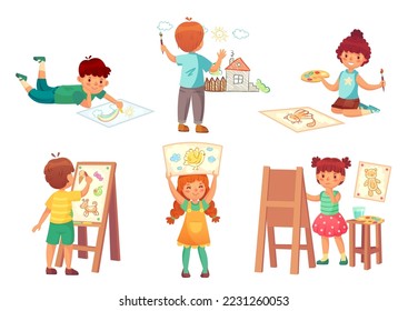 Drawing children, kid illustrator. Little boys and girls painting home, rainbow and cat with watercolors and crayons on canvas. Kindergarten characters having hobby or activity isolated vector set
