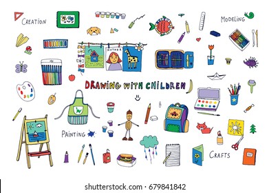 drawing with children lesson school objects vector doodle set