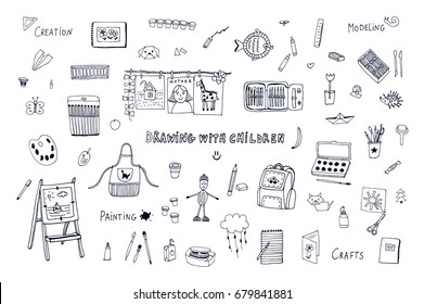 drawing with children lesson school objects outline vector doodle set