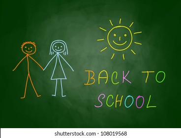 Drawing of children on blackboard