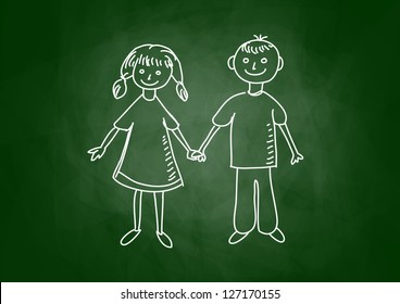 Drawing of children on blackboard