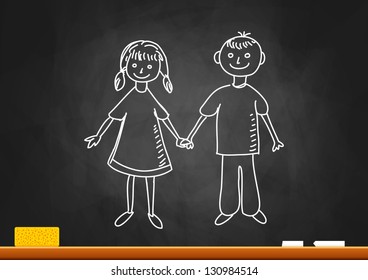 Drawing of children on blackboard