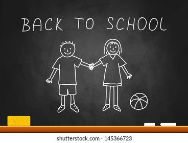 Drawing of children on blackboard  