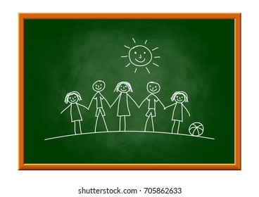 Drawing of children on blackboard