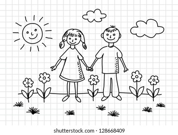 Drawing of children on squared paper