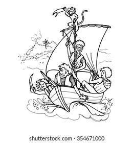 drawing children playing pirate with a monkey on a sailing boat. Eps-8