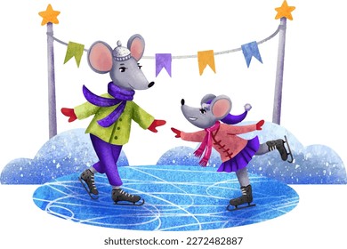 Drawing for children two mice dad and daughter skating on ice, holiday everything is decorated with flags the family is resting