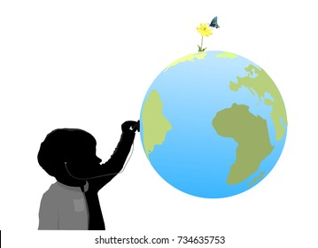 Drawing children,mini globe,flower and butterfly to symbol healing the Earth icon with isolated vector background for web design silhouette style