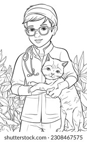 The drawing in the children's coloring book is a portrait of a happy and smiling veterinarian