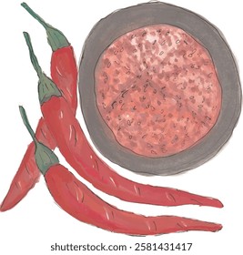 a drawing of chili peppers and a bowl of chili peppers watercolor