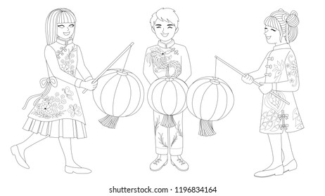 Drawing of Chinese children wearing traditional costume and having fun with friends in Lantern Festival,for design element, cards,invitations and coloring book page. Vector illustration.