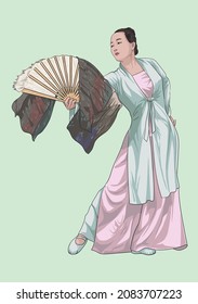 Drawing chinese fan dance, oriental dance, art.illustration, vector