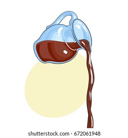 Drawing of chocolate milk, cocoa drink pouring from transparent glass jar, sketch vector illustration with space for text. Hand drawn glass jar with chocolate milk pouring from it