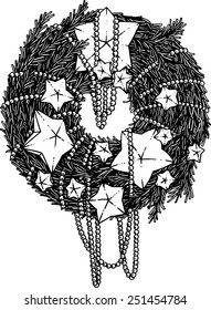 Drawing of Christmas advent spruce wreath with stars. 