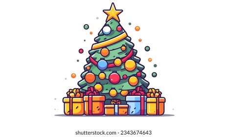 Drawing of a Christmas tree with gifts on a white background minimalism vector