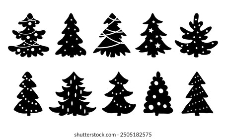 Conjunto de árbol de Navidad de dibujo, silueta de plantilla negra aislada en blanco. Diferentes Formas de abeto de año Nuevo decorado, Clipart de Vector dibujado a mano, estilo doodle. Decoración tradicional, diseño de vacaciones.