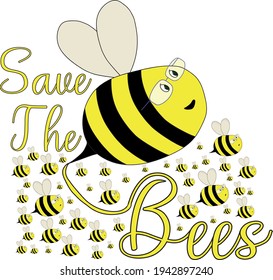 Drawing of a chubby bee wearing glasses and the phrase Save The Bees