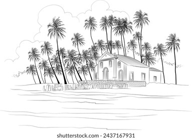 Drawing of a church on the seafront of Bahia