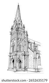 Desenho da igreja Nossa Senhora das Boas Notícias em Lorient. Esboço da antiga catedral gótica. Página em preto e branco para o livro de colorir crianças. Arquitetura medieval francesa. Ilustração de vetor desenhada à mão.