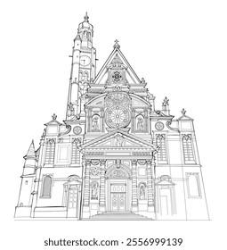 Drawing of church Saint-Étienne-du-Mont in Paris. Sketch of ancient gothic cathedral. Black and white page for kids coloring book. French medieval architecture. Hand drawn vector illustration.