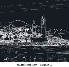 Drawing Church st.Bartholomew Sitges Spain. Painted with chalk on black