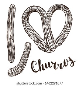 Drawing churros or churro sweet snacks. Sketch of national spanish and portuguese food. 