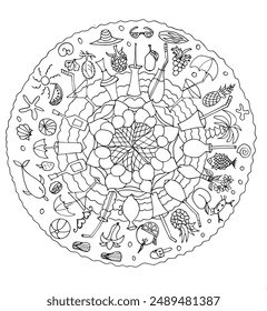 drawing in a circle mandala summer beach drinks ice cream and beach attributes for coloring