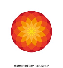 Drawing a circle mandala in warm colors, from dark red to yellow.