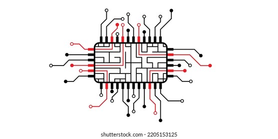 Drawing circuit board or electronic motherboard. lines and dots connect. Labyrinth maze. Find the way, labyrinth riddle. Digital chip, data output. Vector outline print. Route