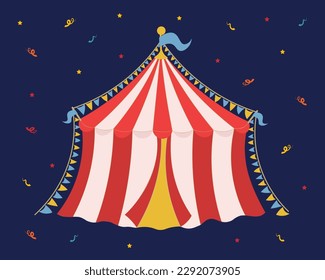 A drawing of a circus tent with a blue background. Funfair red and white carnival court with flags 