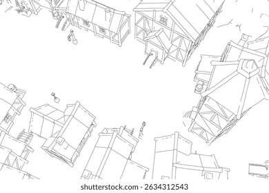 A drawing of a city with a lot of buildings and a road in the middle. The buildings are all different sizes and shapes, and the road is surrounded by them. Scene is somewhat chaotic and busy