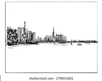 Drawing the city scape along the river in Ho Chi Minh city hand draw 