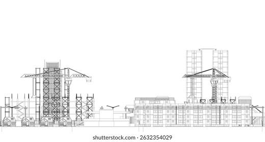 A drawing of a city skyline with two buildings and a bridge. The buildings are tall and the bridge is long. The sky is clear and the buildings are spread out