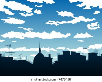 drawing of a cityscape and cloudy sky