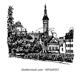 drawing cityscape view of the old town of Tallinn sketch hand drawn graphic black vector illustration