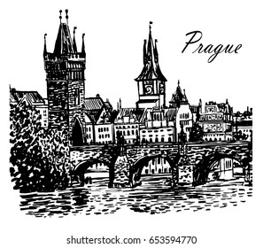 Drawing cityscape view of the towers of the old city of Prague and Charles Bridge, sketch of hand-drawn graphics ink vector illustration