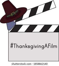 The drawing of a clapperboard with a hat and the phrase Thanksgiving A Film written