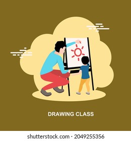 Drawing class with teacher teaching art to young kid flat concept design