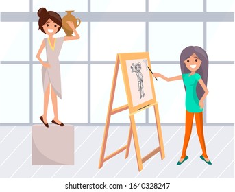 Drawing classes vector, lady painting portrait of model wearing greek dress and holding amphora. Female with paintbrush and easel classes in school